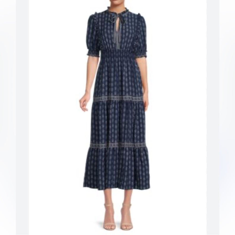 Max Studio Blue Geometric Print Tiered Midi Dress Prairie Cottagecore Sz M